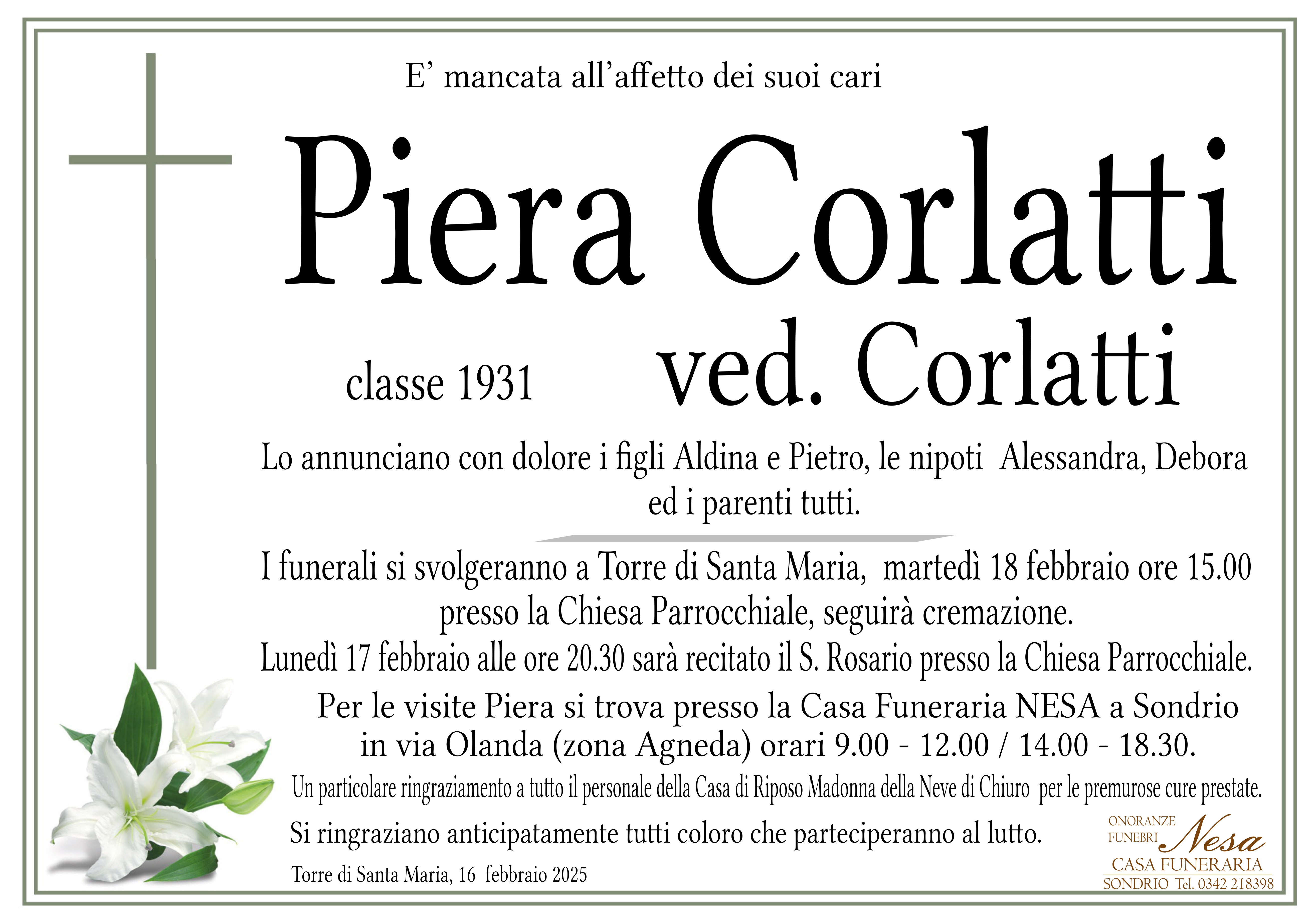 Necrologio PIERA CORLATTI ved. CORLATTI